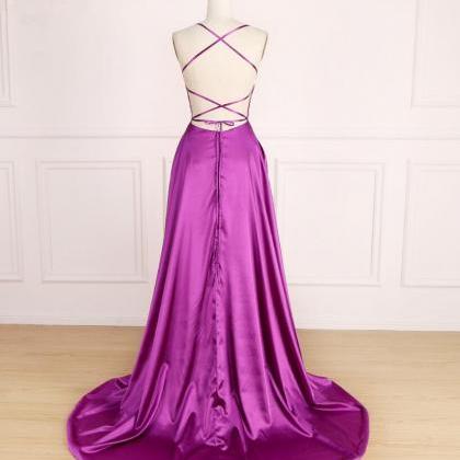 Mermaid Backless Purple Prom Dress With Tie