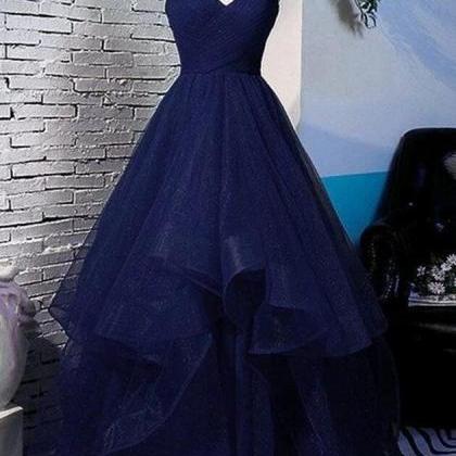 Navy Blue V-Neck Ball Gown Prom Dress Formal Dress