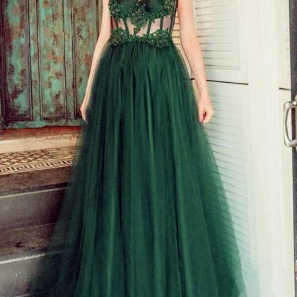 A Line Dark Green Long Prom Dresses With Beads