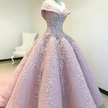 Vintage Off The Shoulder Ball Gown Pink Long Prom..