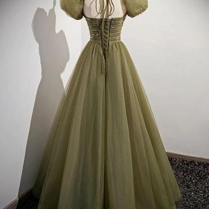 A Line Tulle Sequin Green Tulle Formal Dress