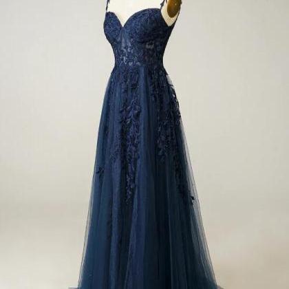 Spaghetti Straps Navy Blue Prom Dress With..