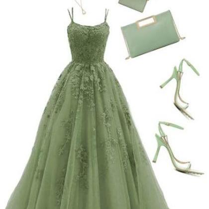 Scoop Sweep Train Satin Sage Green Lace Prom Dresses on Luulla