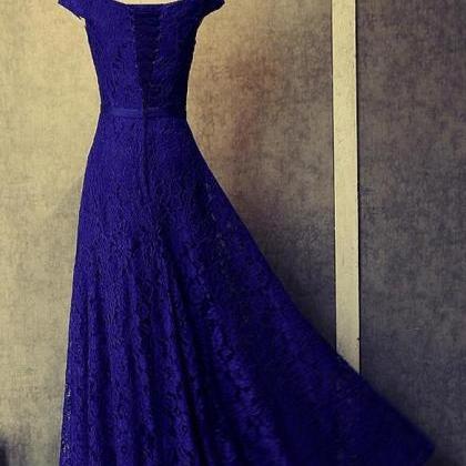 Royal Blue Formal Dress A-Line Off the Shoulder Tiered Lace Formal Dress with Slit