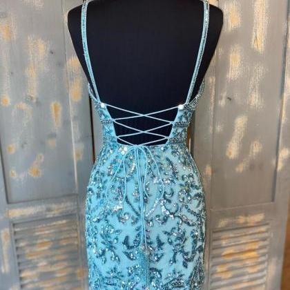 Sexy Tight Blue Sequins Short Homecoming Dress