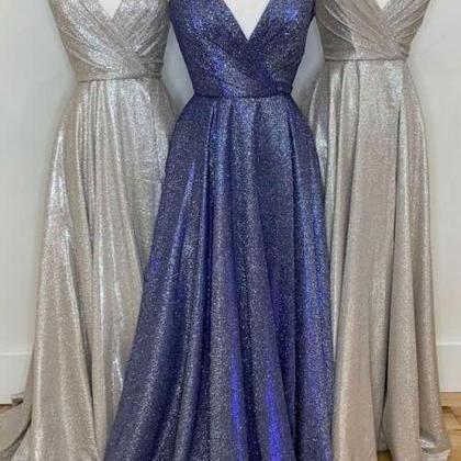 A-line V-neck Light Blue Long Prom Dress Sparkle Graduation Dress MP798