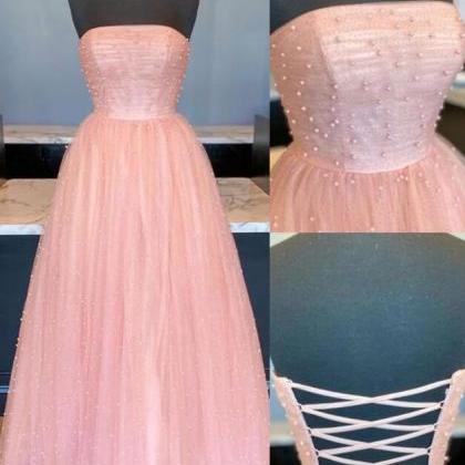 A Line Ankle Length Pink Tulle Flower Prom Dress
