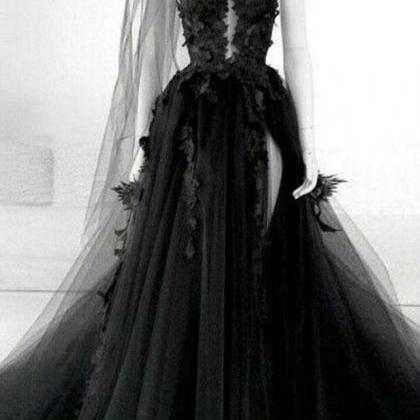 Black round neck tulle lace long prom dress, black formal dress Y255