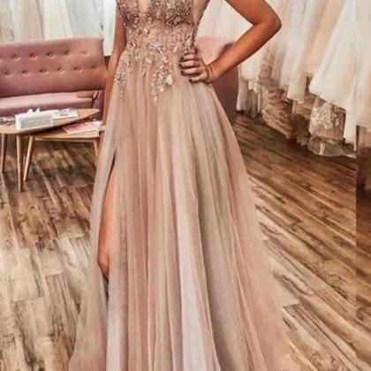 A Line Velve Tulle Champagne Straps V Neck Prom Dress with Rhinestone LBQ3720