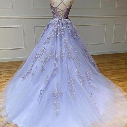 A Line Backless Purple Lace Prom Dresses
