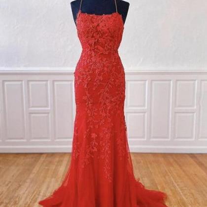 Gorgeous Red Long Mermaid Lace Backless Prom Dresses