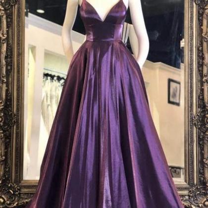 A Line V Neck Purple Satin Long Prom Dresses