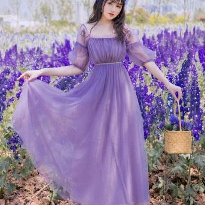 Embroidery Puff Sleeve Vintage Style Purple Prom..