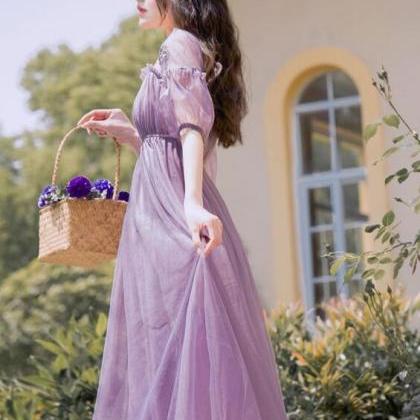 Embroidery Puff Sleeve Vintage Style Purple Prom..