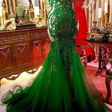 Elegant Green Evening Dresses Long Mermaid Lace..