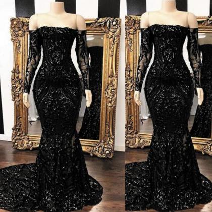 Modest Sparkly Sequin Black Evening Dresses Long..