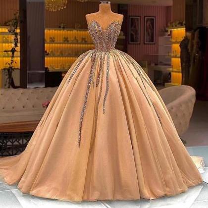 Vintage Ball Gown Gold Prom Dresses, Beaded Prom..