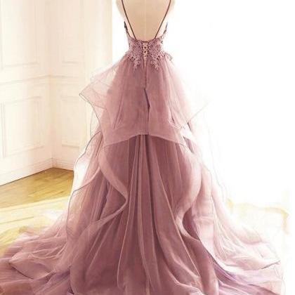 Elegant Spaghetti Strap Tulle Rose Pink Prom..