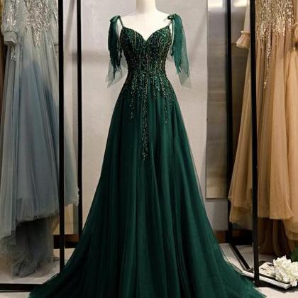 Vintage A Line Tulle Prom Dresses Lace Applique..