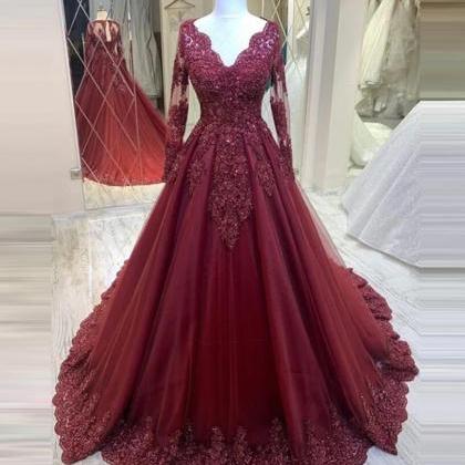 A-line Long Sleeve Wine Red Prom Dresses V-neck..