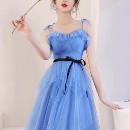 Cute Short Tulle Blue Prom Dresses