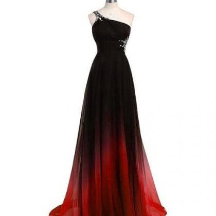 Ombre One Shoulder Black Red Chiffon Prom Gowns