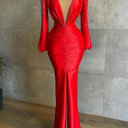 Long Sleeves Deep V-neck Red Sexy Prom Dresses, PD0992