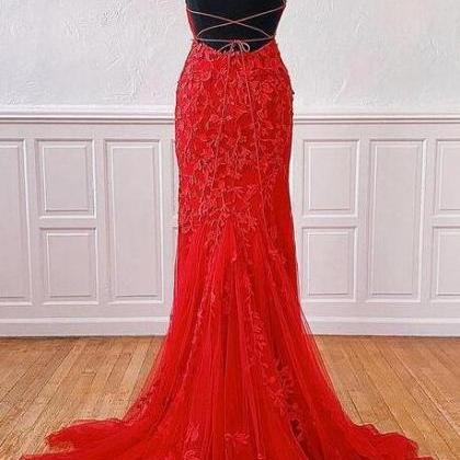 Simple Red Tulle Long Prom Dresses With Lace..