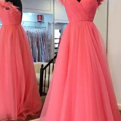 A-line Off The Shoulder Coral Tulle Princess Prom..