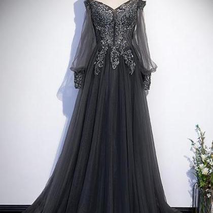 A-line Long Grey Tulle Formal Dress With Long..
