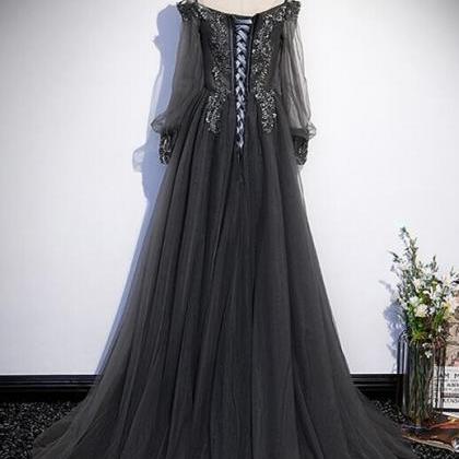 A-line Long Grey Tulle Formal Dress With Long..