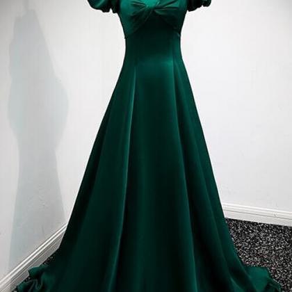 A-line Long Green Formal Dress With Puffy Sleeves