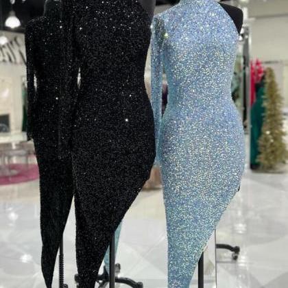 Sexy High Neck Tight Sequins Long Prom Dress With..