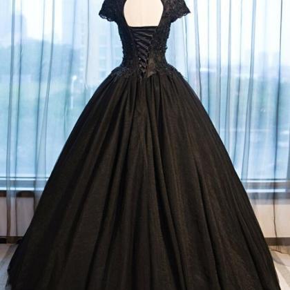 Ball Gown Black Cap Sleeves Long Tulle Prom Dress on Luulla