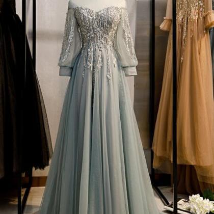 Charming A Line Tulle Long Sleeves Beaded And Lace..