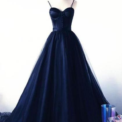 Simple Navy Blue Tulle And Satin Straps Long Prom..