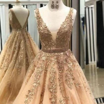 Two Piece Golden A Line V Neck Satin Prom Dress with Beadings LBQ0562
