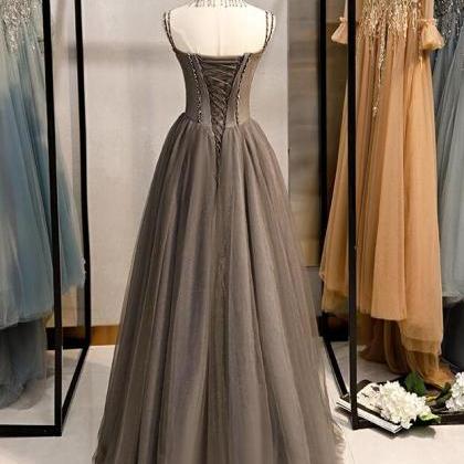 Blue Tulle Beaded Long A-line Prom Dress Y1547 main image 0