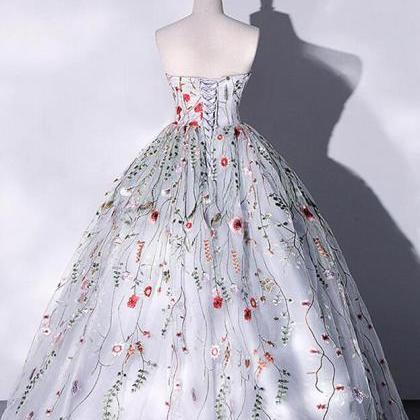 A-line Strapless Grey Floral Tulle Long Prom Dress