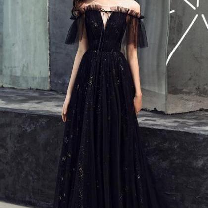 A-line Black Off Shoulder Tulle Prom Dress