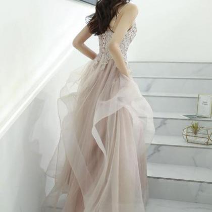 A Line Straps Pink Tulle Prom Dress With Lace