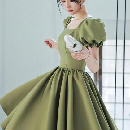 A-line Green Satin Short Sleeves Floor Length Party Dress, Green Satin Prom Dress