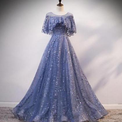 Charming Blue Shiny Tulle And Lace Long Formal..
