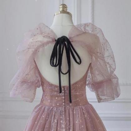 Princess A Line Pink Tulle Puffy Sleeves Long Prom..