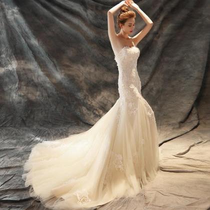 Mermaid Sweetheart Ivory Tulle Wedding Dress With..