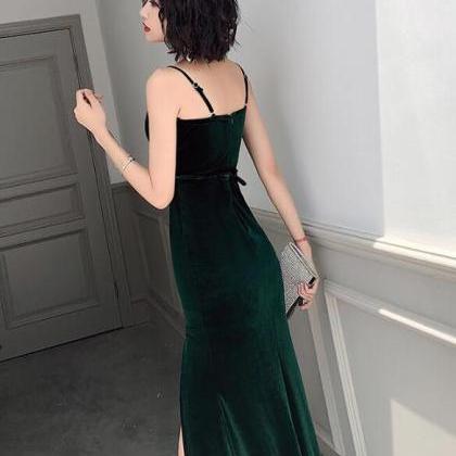Sexy Dark Green Velvet Long Prom Dress With High..