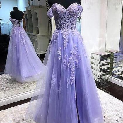 Off Shoulder Lavender Lace Long Prom Dresses