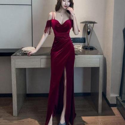 Wine Red Velvet Mermaid Long Evening Dresses