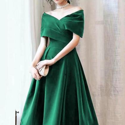 Off Shoulder Tea Length Green Velvet Party Dresses