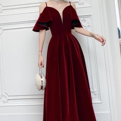 A Line Wine Red Velvet Straps V-neckline Long Prom..